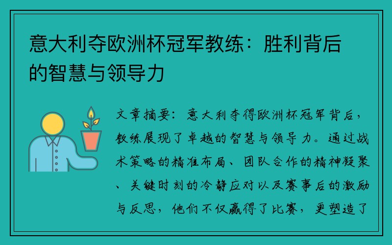 意大利夺欧洲杯冠军教练：胜利背后的智慧与领导力